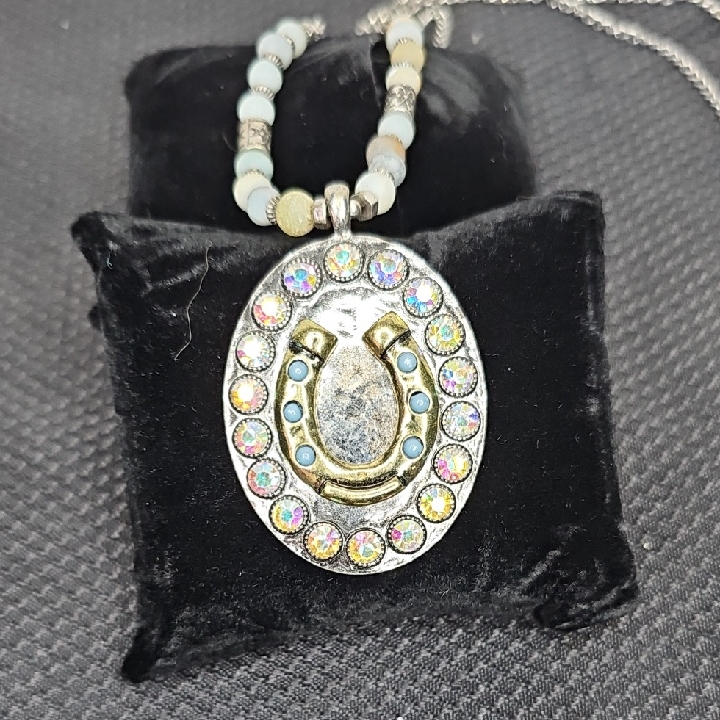 Silver Horseshoe Pendant Necklace With Multicolored Crystals